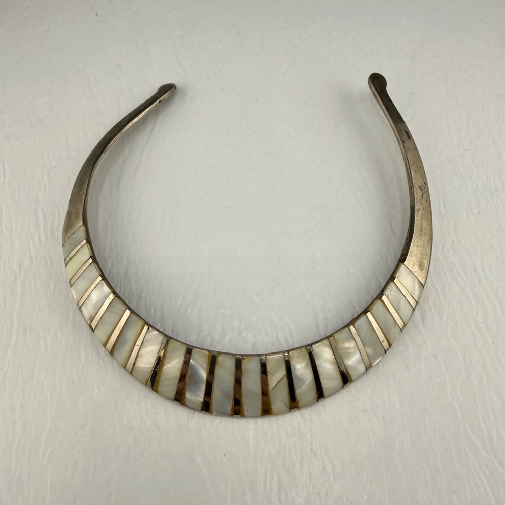 Vintage Collar Necklace Silver Tone Mother of Pearl Inlay 13”